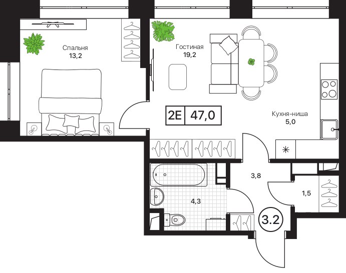Планировка 46.9 м²