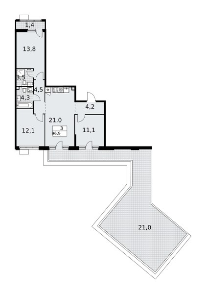 Планировка: 3-комнатная, 96.9 м²