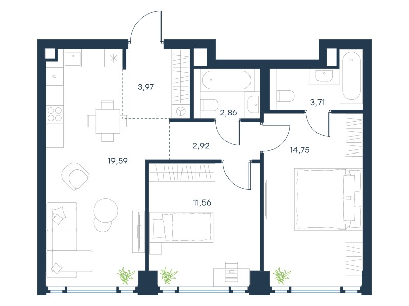 Планировка 59.36 м²