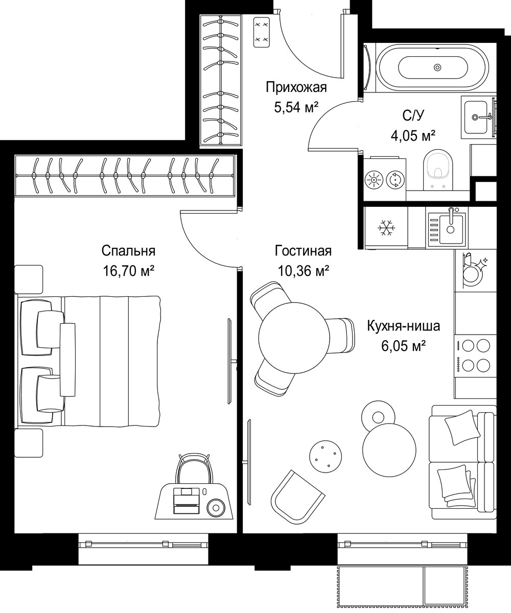 Планировка: 1-комнатная, 42.7 м²