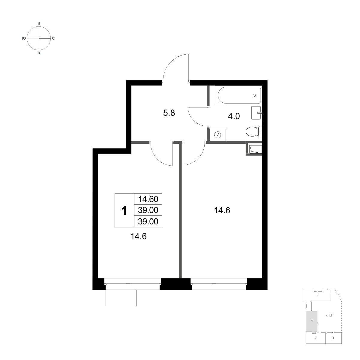 Планировка 39.0 м²