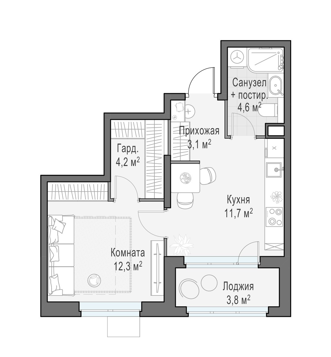 Планировка: 1-комнатная, 35.9 м²