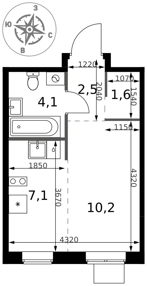 Планировка: Студия, 25.5 м²