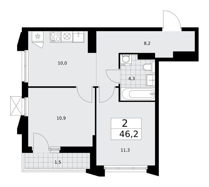 Планировка: 2-комнатная, 46.2 м²