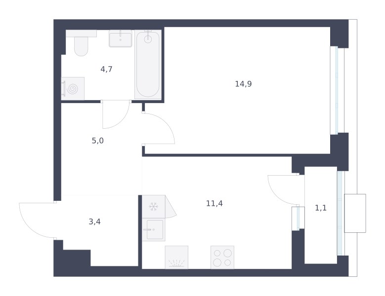 Планировка: 1-комнатная, 40.5 м²