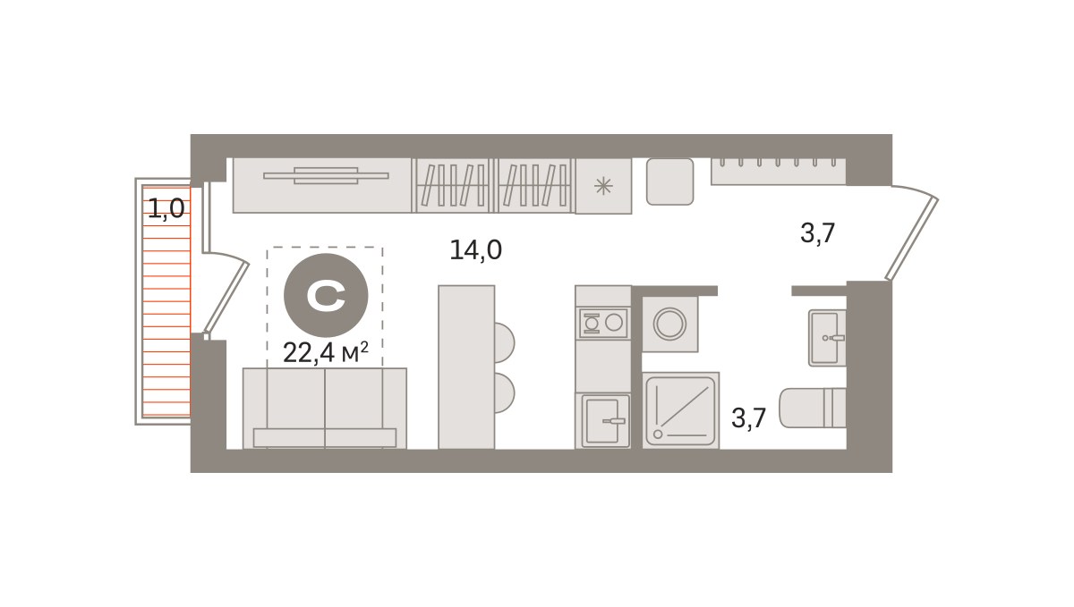 Планировка: Студия, 22.42 м²