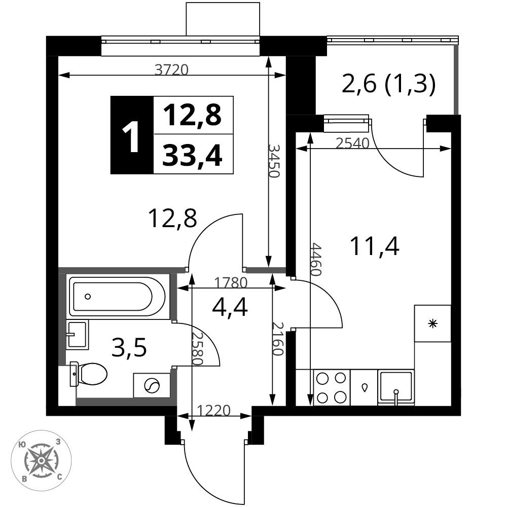 Планировка 33.4 м²