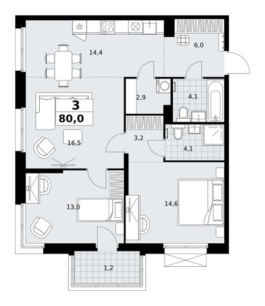 Планировка: 3-комнатная, 80.0 м²