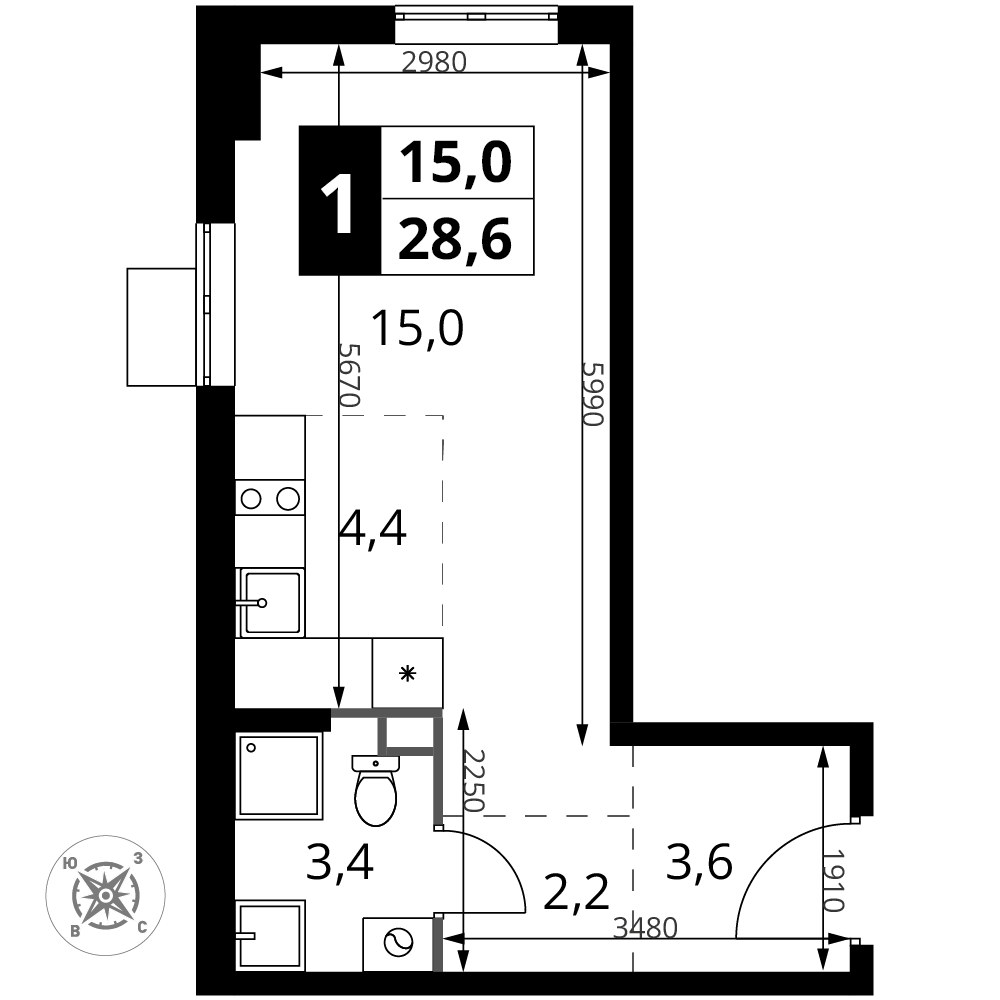 Планировка 28.6 м²