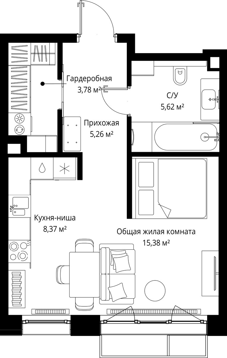 Планировка: 1-комнатная, 38.41 м²
