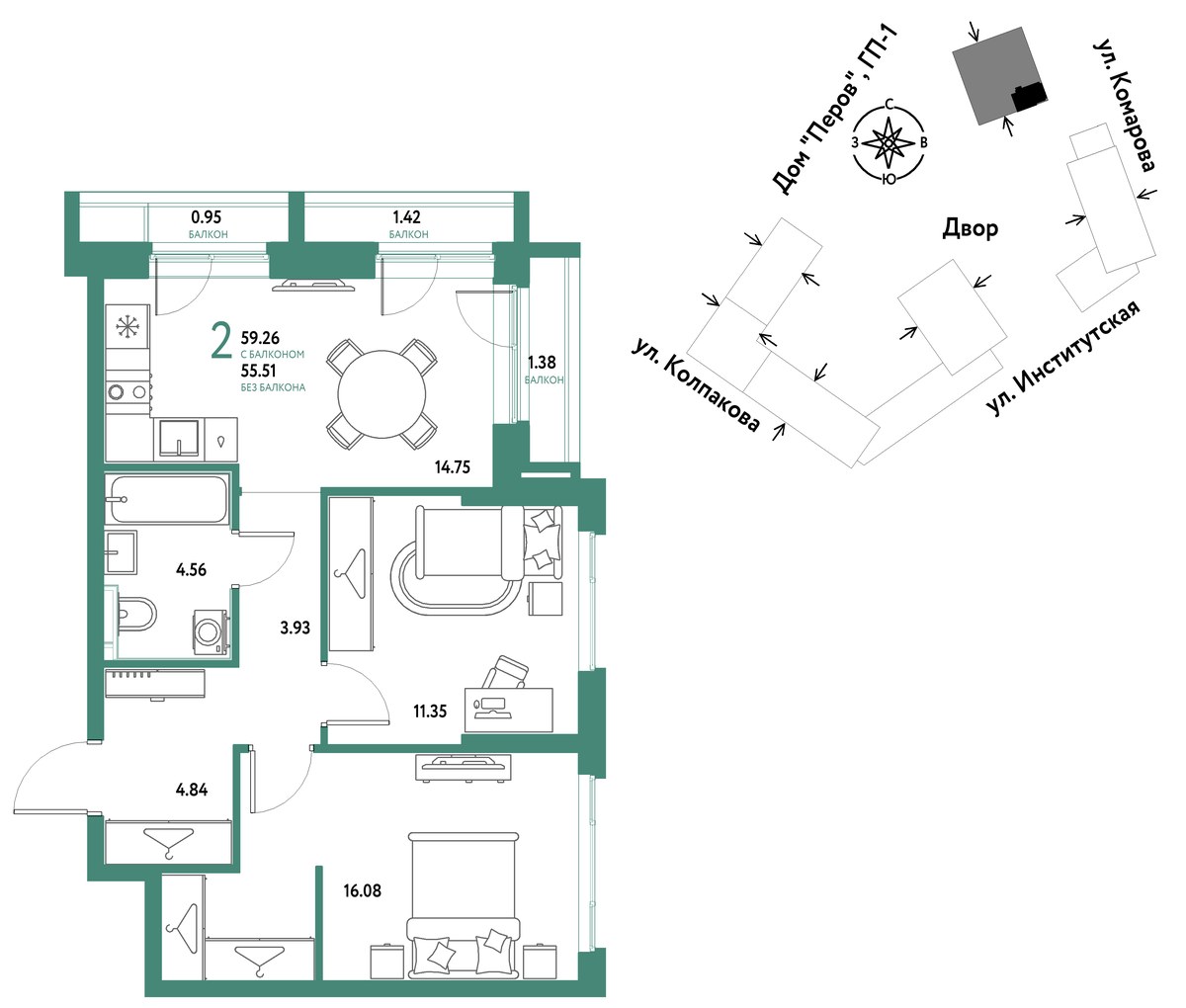 Планировка 59.26 м²