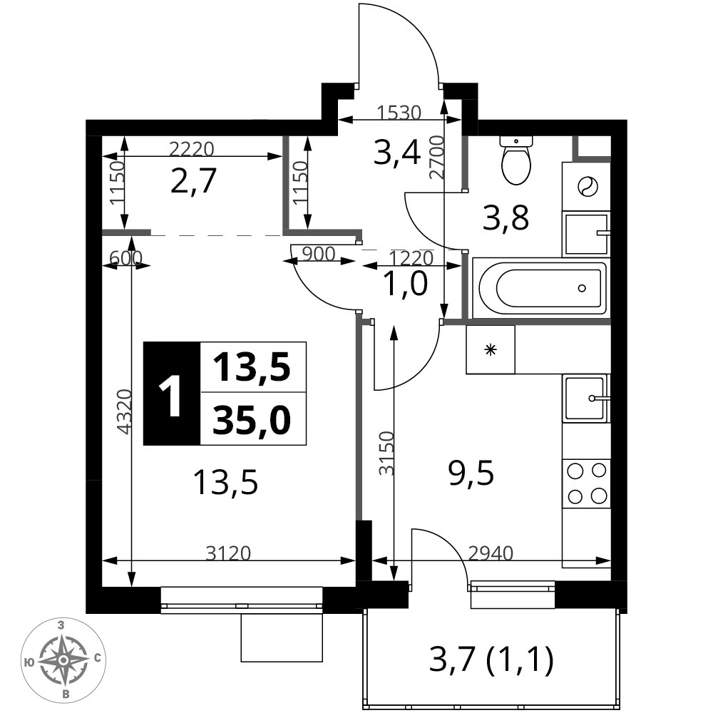 Планировка 35.0 м²