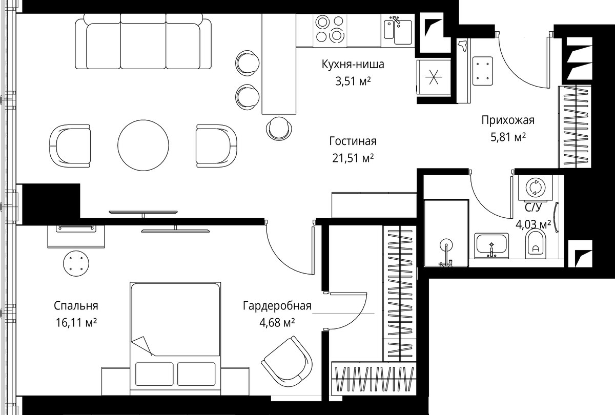 Планировка: 1-комнатная, 55.4 м²