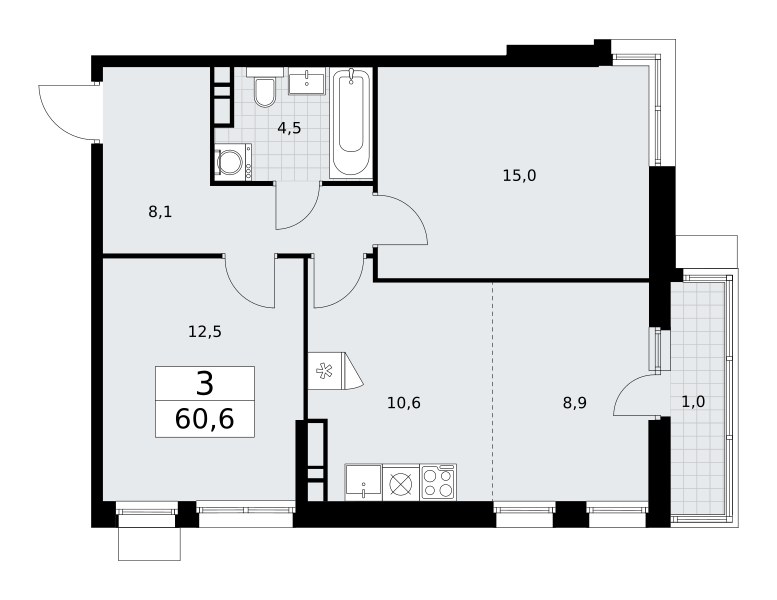 Планировка: 3-комнатная, 60.6 м²