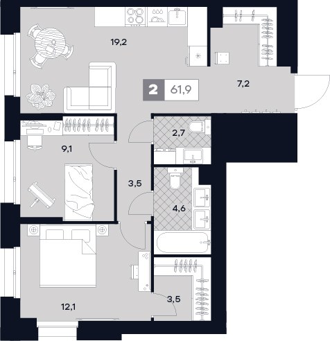 Планировка 61.9 м²
