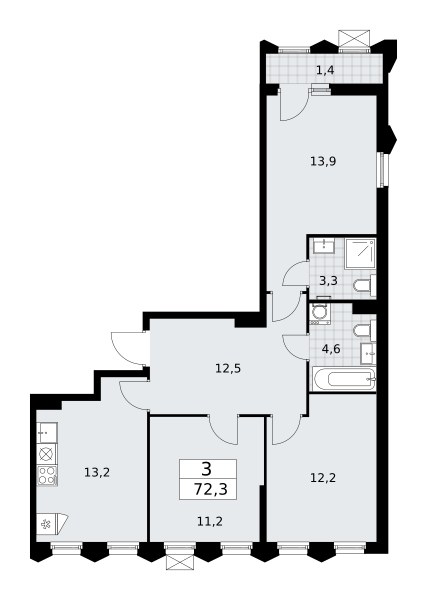 Планировка: 3-комнатная, 72.3 м²