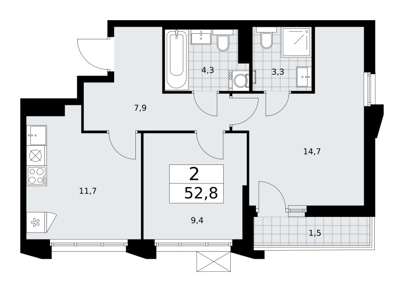 Планировка: 2-комнатная, 52.8 м²
