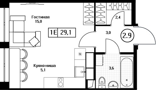 Планировка: Студия, 29.1 м²