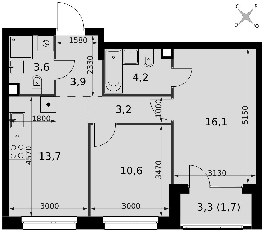Планировка 57.0 м²