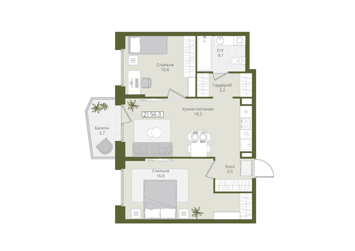 Планировка 56.3 м²