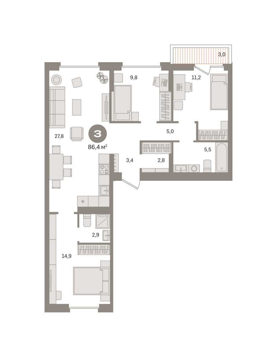 Планировка 86.39 м²
