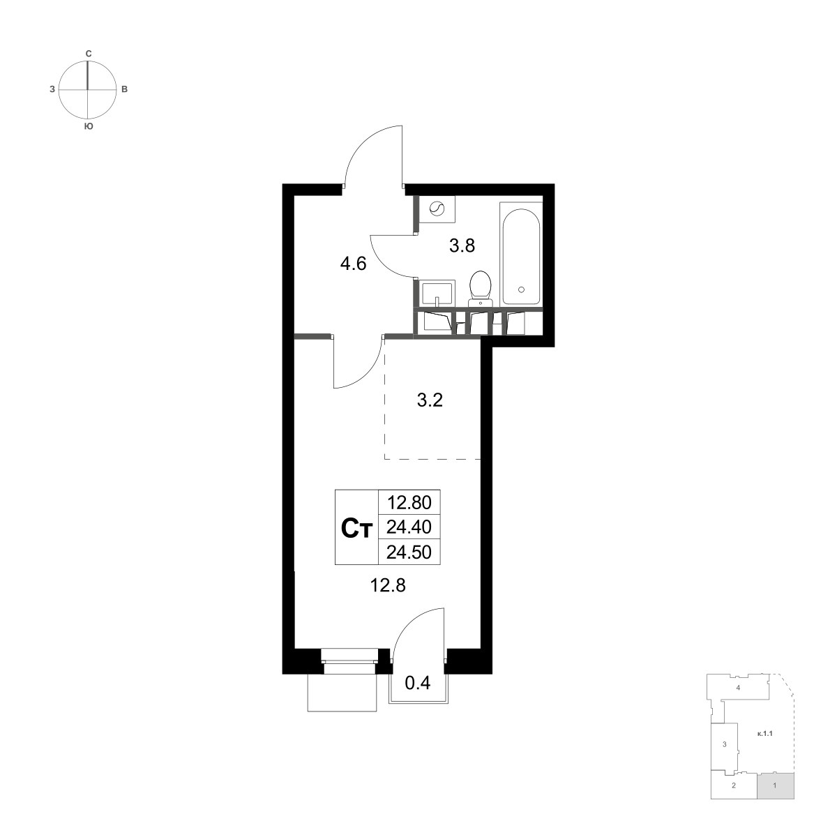 Планировка: Студия, 24.4 м²