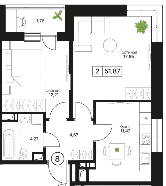 Планировка 51.87 м²