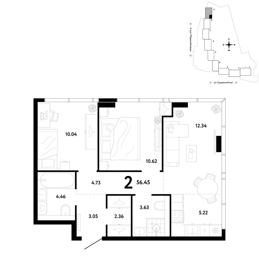Планировка 56.45 м²