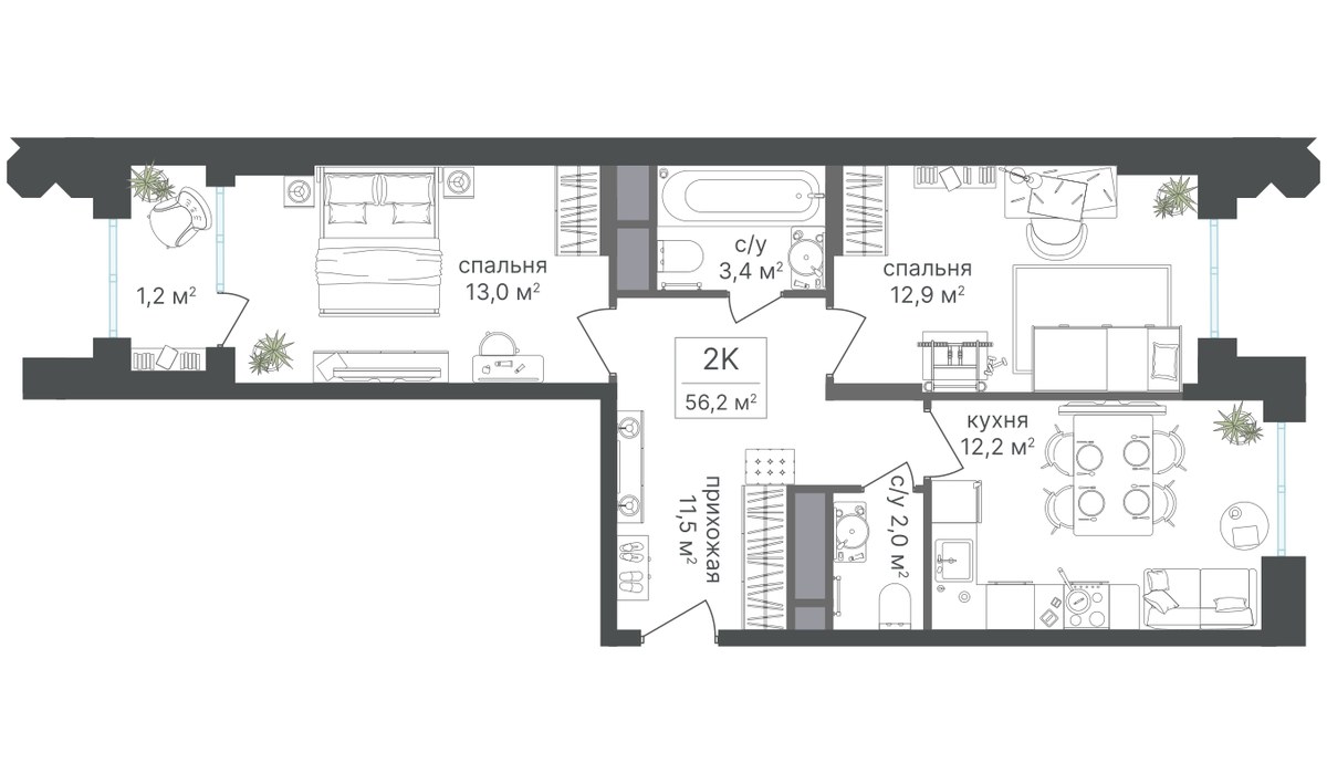 Планировка 57.9 м²