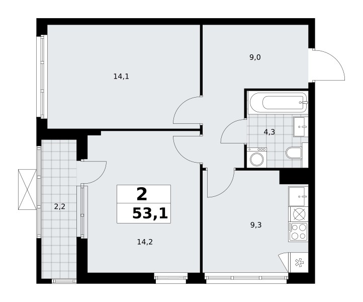 Планировка: 2-комнатная, 53.1 м²