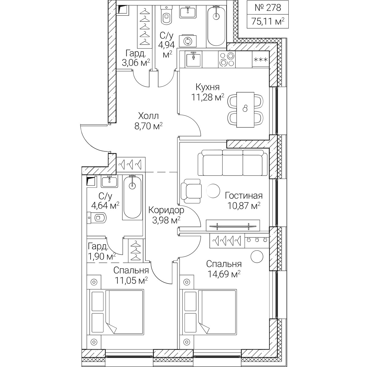 Планировка 75.11 м²