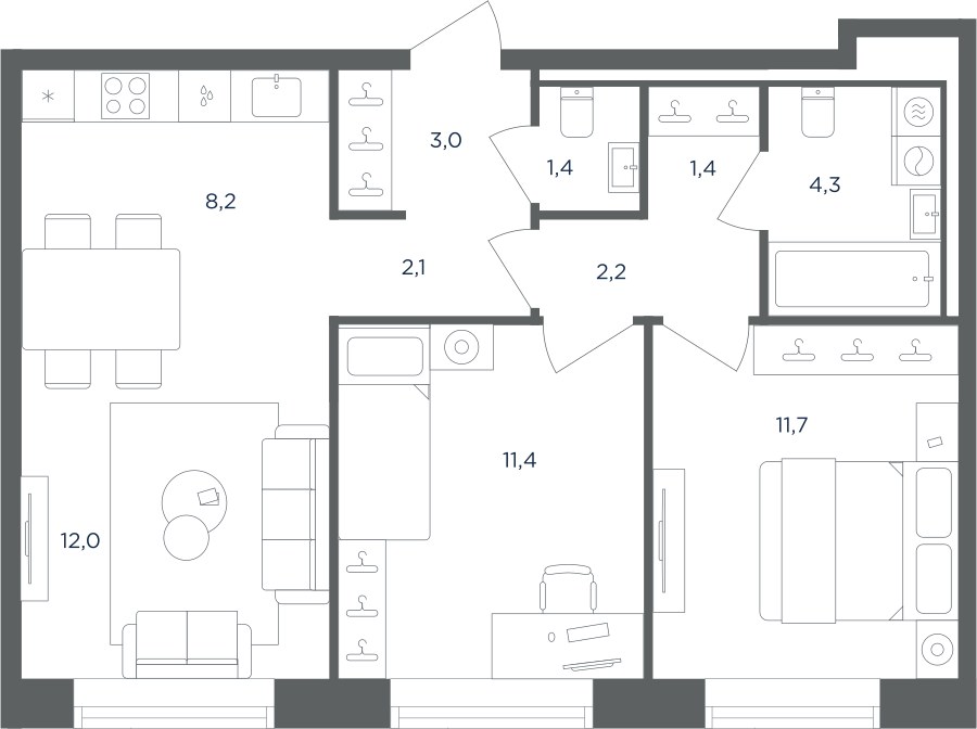 Планировка 57.7 м²