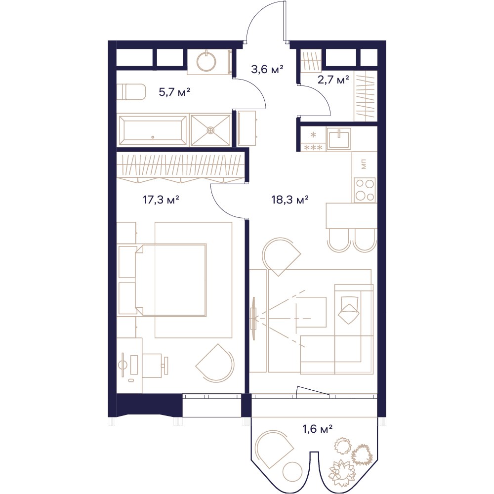 Планировка: 1-комнатная, 49.2 м²