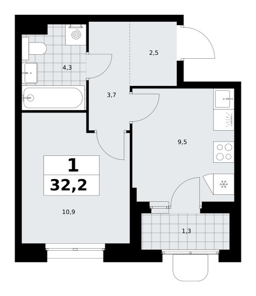 Планировка: 1-комнатная, 32.2 м²