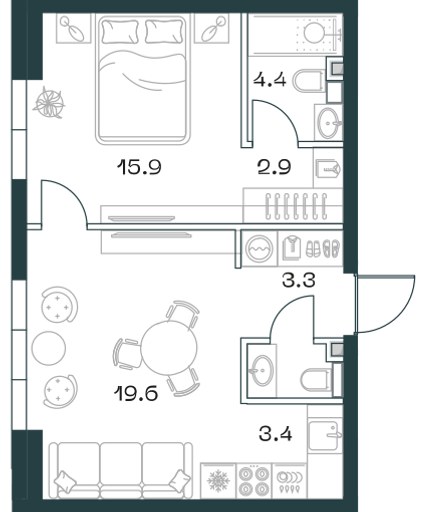 Планировка: 2-комнатная, 51.8 м²