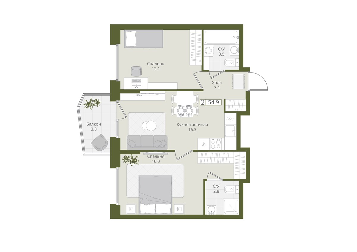 Планировка 54.9 м²