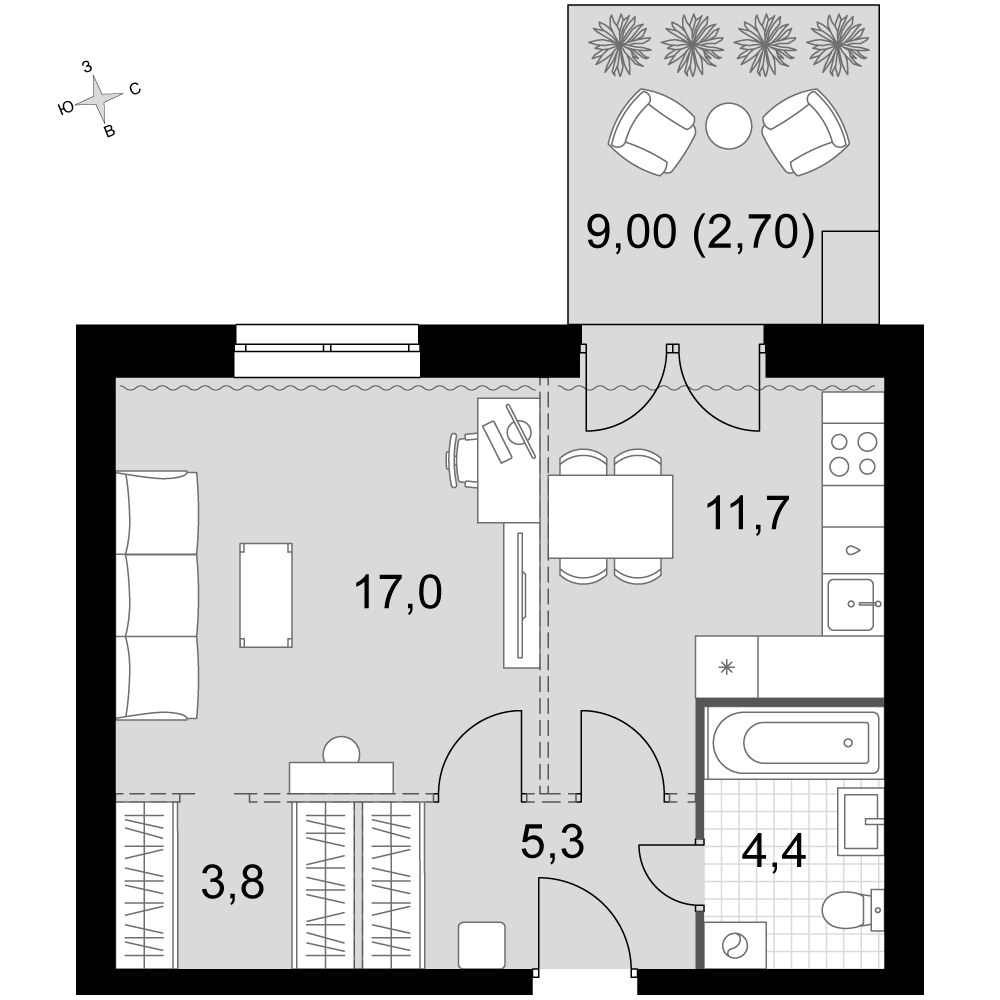 Планировка: 1-комнатная, 44.9 м²