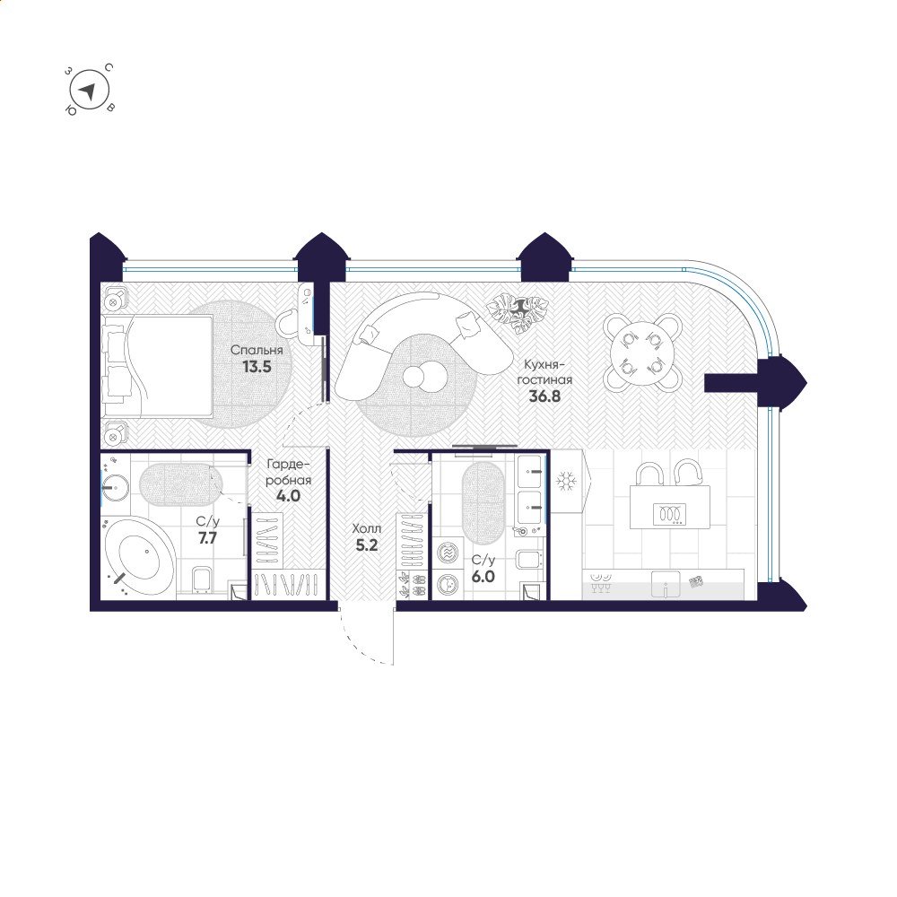 Планировка: 1-комнатная, 73.2 м²