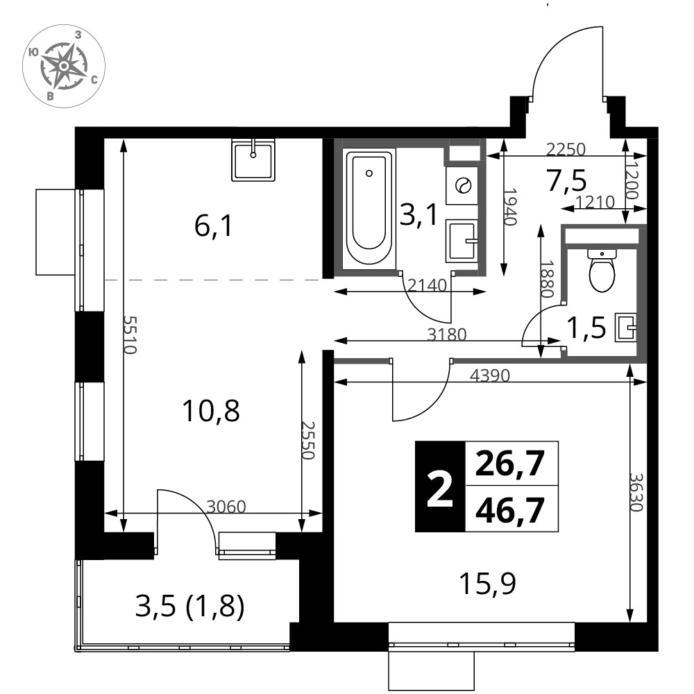 Планировка 46.7 м²