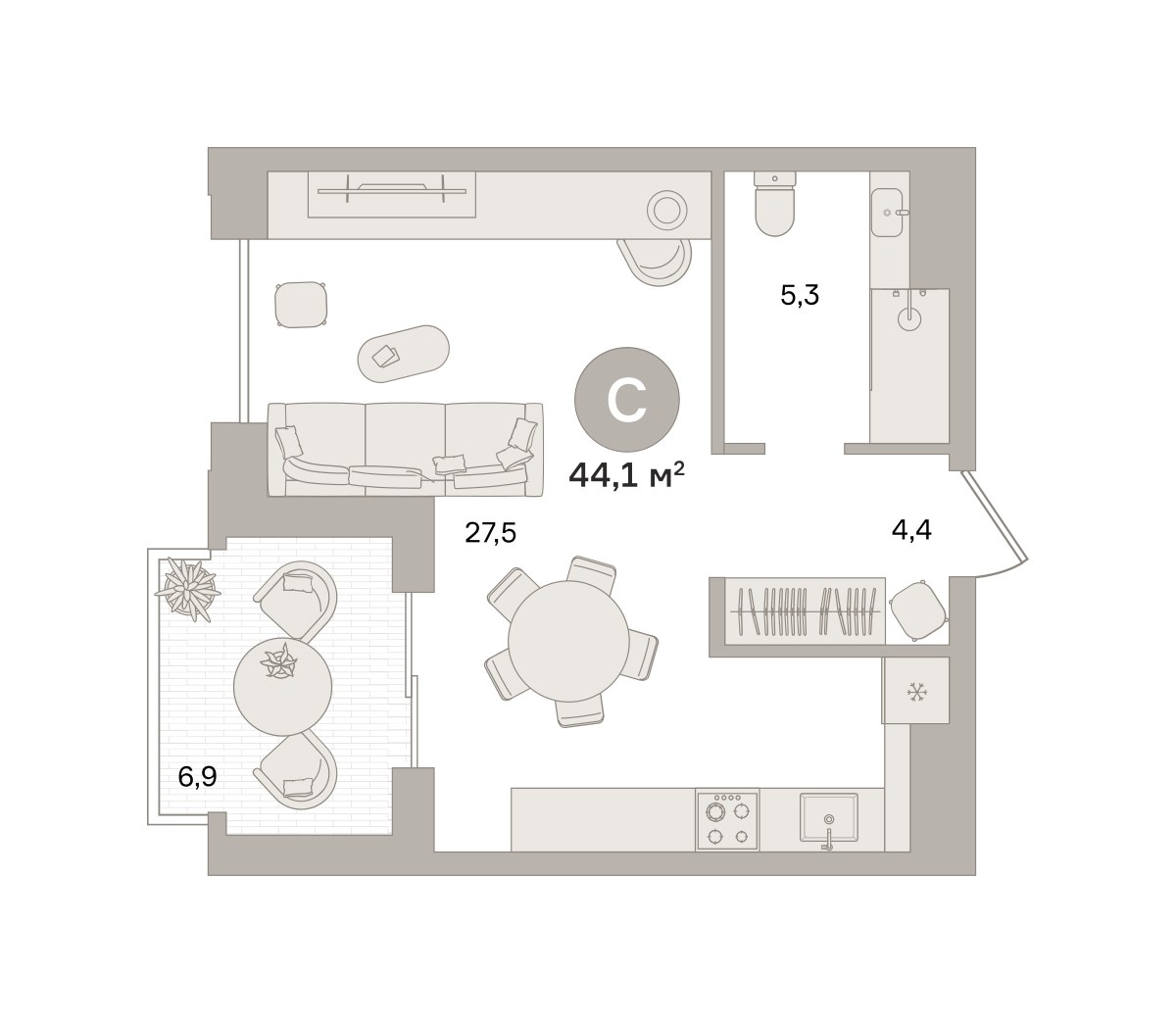 Планировка: Студия, 44.12 м²