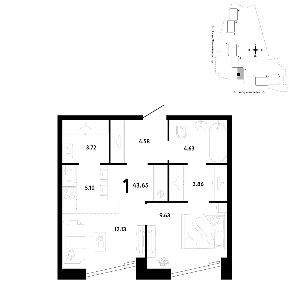 Планировка 43.65 м²