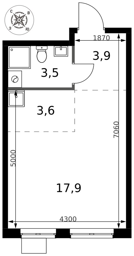 Планировка: Студия, 28.9 м²
