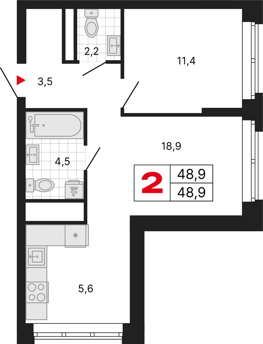 Планировка: 1-комнатная, 48.9 м²