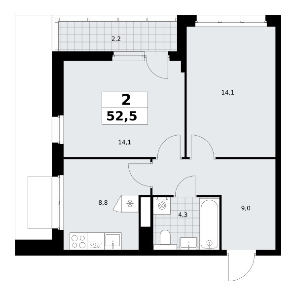 Планировка: 2-комнатная, 52.5 м²