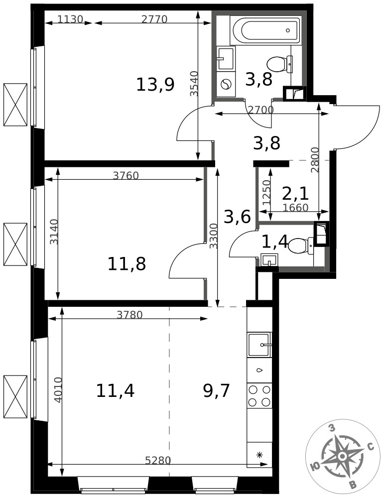 Планировка 61.5 м²