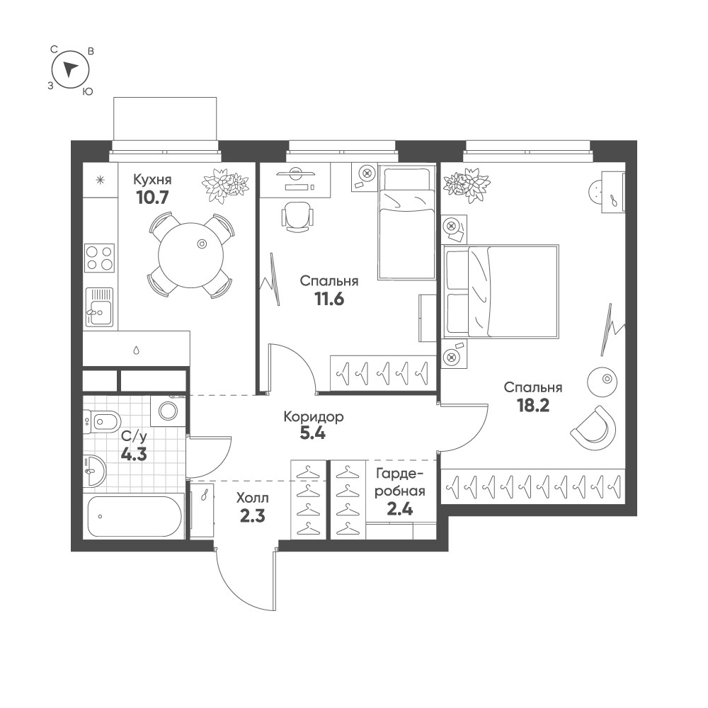 Планировка 54.9 м²