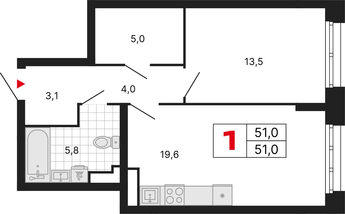 Планировка: 1-комнатная, 51.0 м²