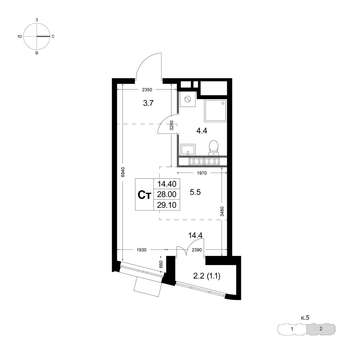 Планировка: Студия, 29.3 м²