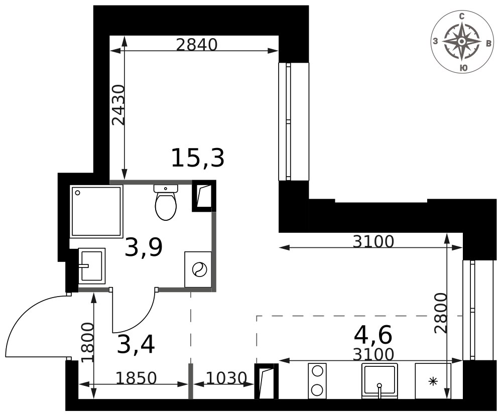 Планировка: Студия, 27.2 м²