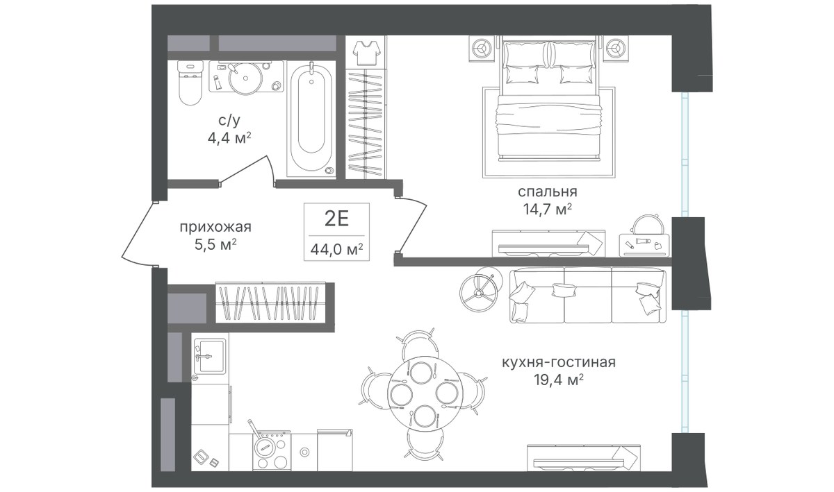 Планировка 43.8 м²